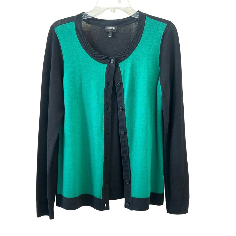 Talbots 100% Merino Wool Colorblock Cardigan Sweater Women’s Large Green Black